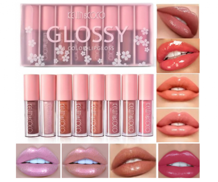 Set 8 Luciuri de buze rezistente, Lip Gloss, nuante rose si nude, KEVIN & COCO [2]