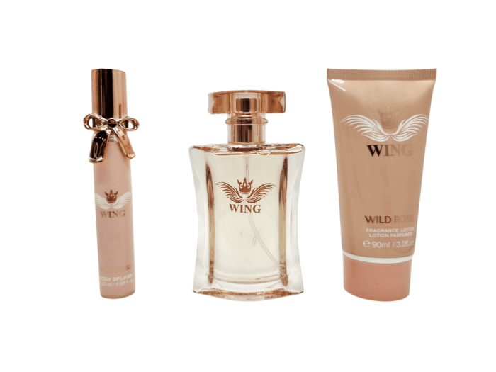 Set cadou Wing Wild Rose 3 piese pentru femei – parfum floral 50ml, loțiune corp hidratantă 90ml și mini parfum de geantă 20ml, ambalaj premium rose gold [4]