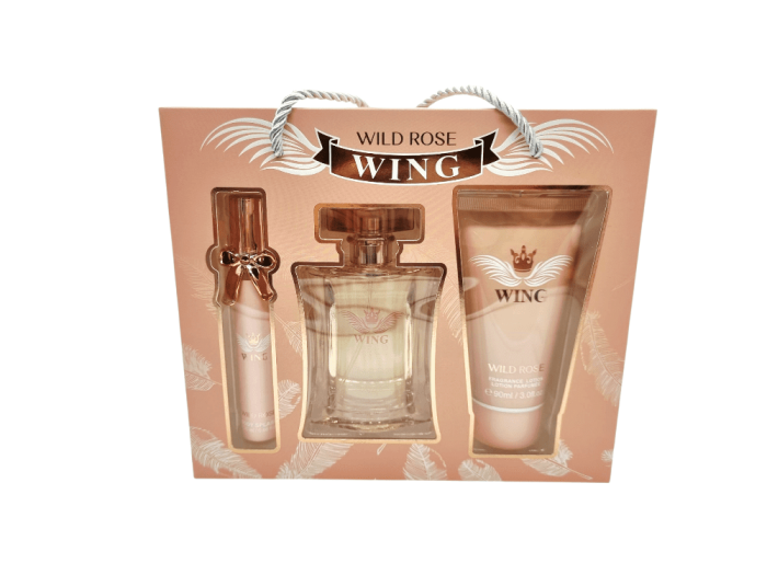 Set cadou Wing Wild Rose 3 piese pentru femei – parfum floral 50ml, loțiune corp hidratantă 90ml și mini parfum de geantă 20ml, ambalaj premium rose gold [2]