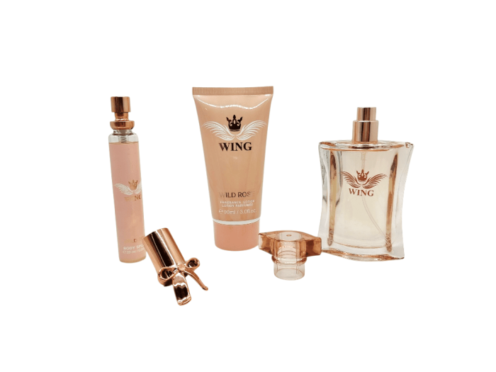 Set cadou Wing Wild Rose 3 piese pentru femei – parfum floral 50ml, loțiune corp hidratantă 90ml și mini parfum de geantă 20ml, ambalaj premium rose gold [5]