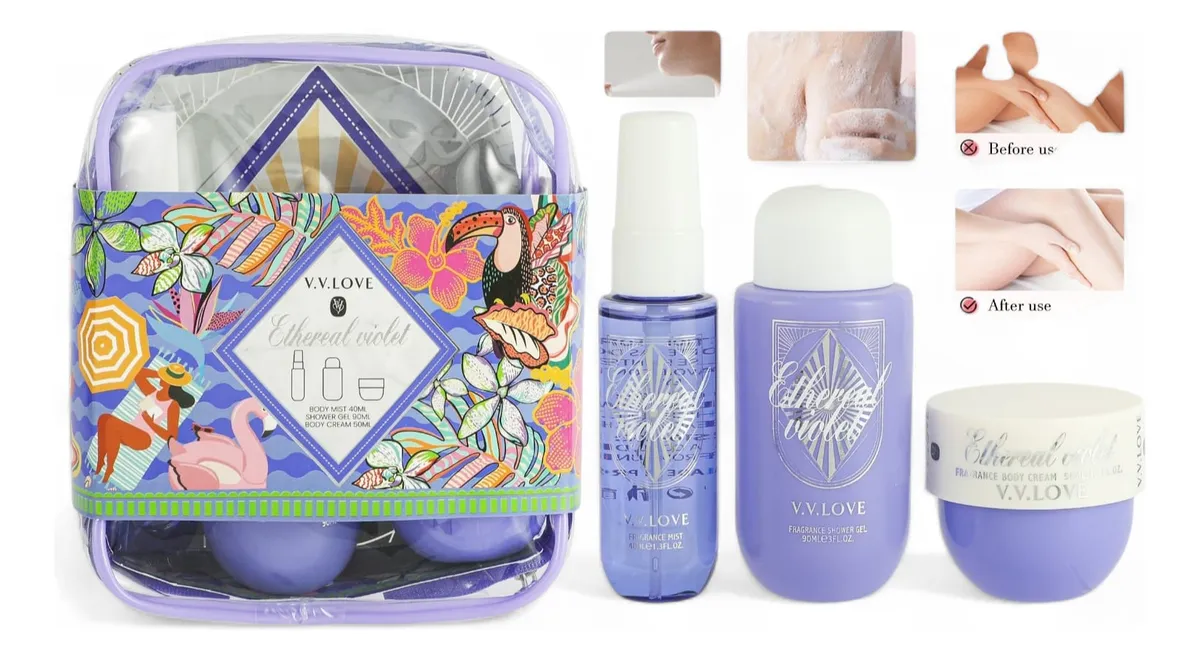 Set cadou pentru femei Ethereal Violet VV Love cu spray de corp, loțiune hidratantă și gel de duș, în geantă cosmetică mov decorativă [4]