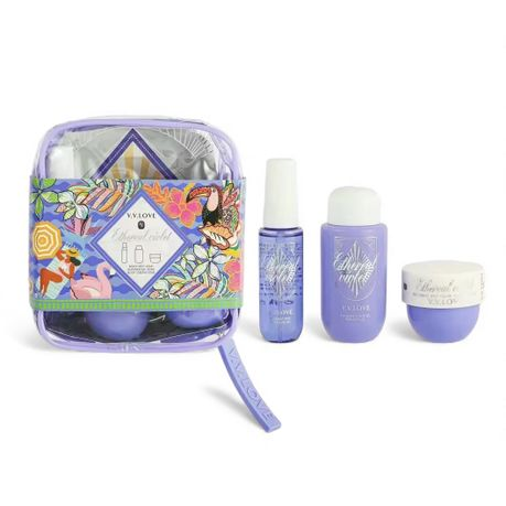 Set cadou pentru femei Ethereal Violet VV Love cu spray de corp, loțiune hidratantă și gel de duș, în geantă cosmetică mov decorativă [3]