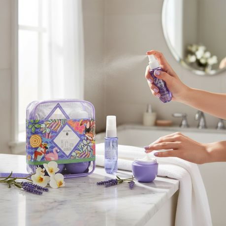 Set cadou pentru femei Ethereal Violet VV Love cu spray de corp, loțiune hidratantă și gel de duș, în geantă cosmetică mov decorativă [6]