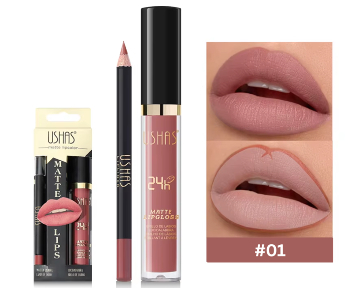 Set Ruj Lichid Mat si Creion pentru Buze, Rezistent, Ushas 01 [1]