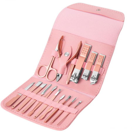 Set cu 16 accesorii pentru Manichiura, Pedichiura si Fata, Geanta Organizatoare, Roz [4]