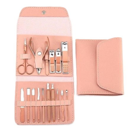 LAC UNGHII - Set cu 16 accesorii pentru Manichiura, Pedichiura si Fata, Geanta Organizatoare, Roz
