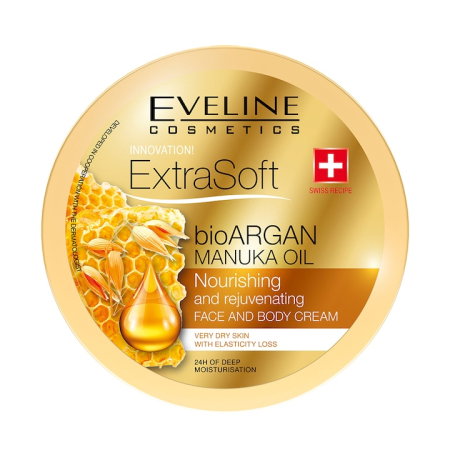 Ingrijirea tenului - Crema hidratantă Eveline Extra Soft cu ulei bio de argan și miere Manuka pentru față și corp, regenerare intensă și hidratare 24h