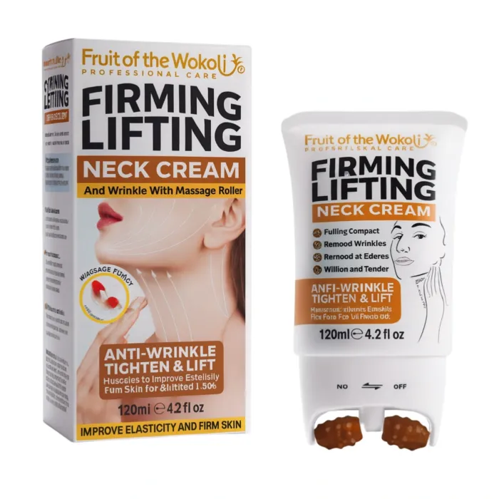 Ingrijirea tenului - Cremă lifting pentru zona gâtului cu colagen și roller masaj integrat Fruit of the Wokali 120ml – reduce ridurile și tonifiază pielea
