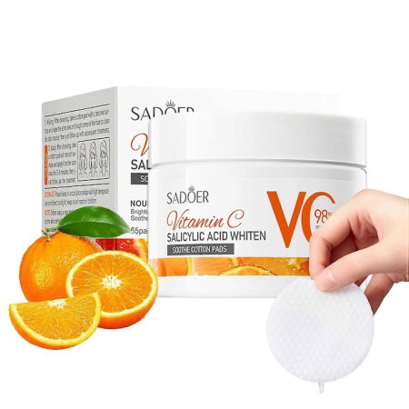 SKINCARE - Dischete Sadoer Vitamin C Salicylic Acid Whiten Soothe Cotton Pads 55 bucati cu Vitamina C 98%, Acid Salicilic si Niacinamida – anti-acnee, pori dilatati, pete pigmentare, iluminare ten