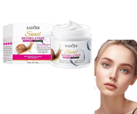Ingrijirea tenului - Masca de noapte antirid Sadoer Snail Reorganize Collagen Sleep Mask 110g – cu Extract de Melc si Colagen, fara clatire, borcan transparent cu capac argintiu