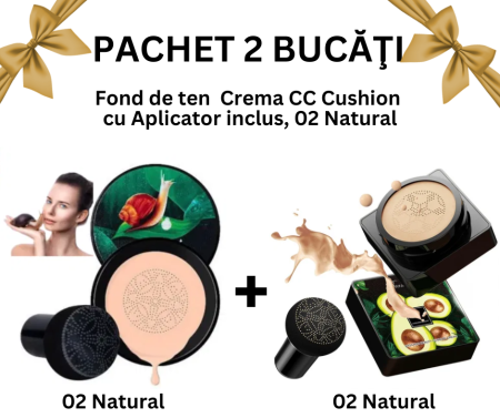 MACHIAJ - Pachet 2 Bucăţi -Fond de ten/Crema CC Cushion,  Aplicator inclus, 02 Natural