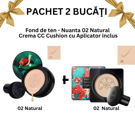 TEN - Pachet Promo 2 Bucăţi - Fond de ten/Crema CC Cushion, Beauty Cream, Aplicator inclus, 02 Natural