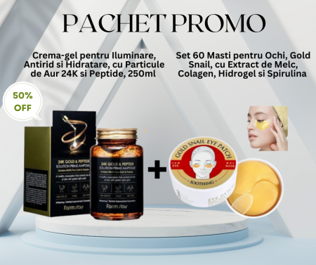 SETURI - Pachet Promo -Crema-gel Antirid cu Particule de Aur 24K si Set 60 Masti pentru Ochi, cu Extract de melc si Colagen