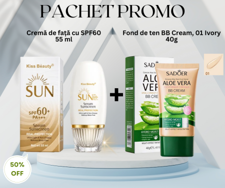 PRIMER - Pachet Promo - Cremă de față cu SPF60, 55ml si Fond de ten BB Cream, 01 Ivory, 40g