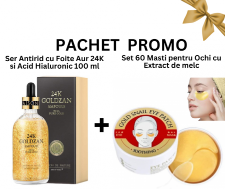 SETURI - Pachet Promo -  Ser Antirid cu Foite Aur 24K si Acid Hialuronic, 100 mlsi Set 60 Masti pentru Ochi cu Extract de melc si colagen
