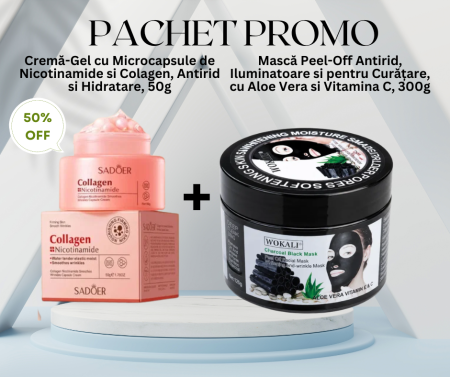 Curățarea tenului - Pachet Promo - Cremă-Gel cu Microcapsule de Nicotinamide si Colagen, 50g si Mască de Față Peel-Off cu Aloe Vera, Vitamina C si E, 300g