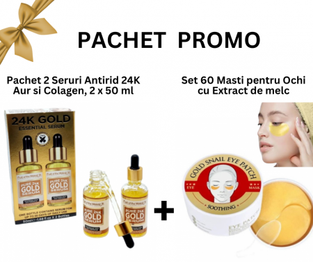 SETURI - Pachet Promo -Set 2 Seruri Antirid 24K Gold, 2 x 50 ml si Set 60 Masti pentru Ochi cu Extract de melc si colagen