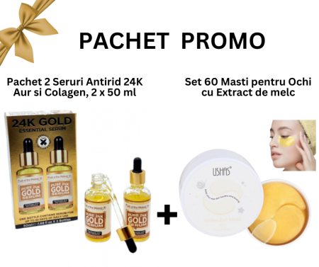 SETURI - Pachet Promo -Set 2 Seruri Antirid 24K Gold, 2 x 50 ml si Set 60 Masti pentru Ochi cu Extract de melc si colagen