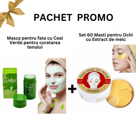 SETURI - Pachet Promo - Set 60 Masti pentru Ochi cu Extract de melc si colagen si Masca fata cu Ceai Verde pentru curatarea tenului