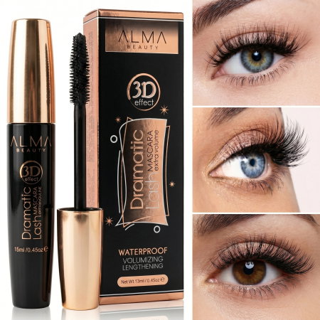 MASCARA/RIMEL - Rimel 3D pentru Alungire si Curbare, Dramatic Mascara Extra Volume, 13ml, Alma Beauty
