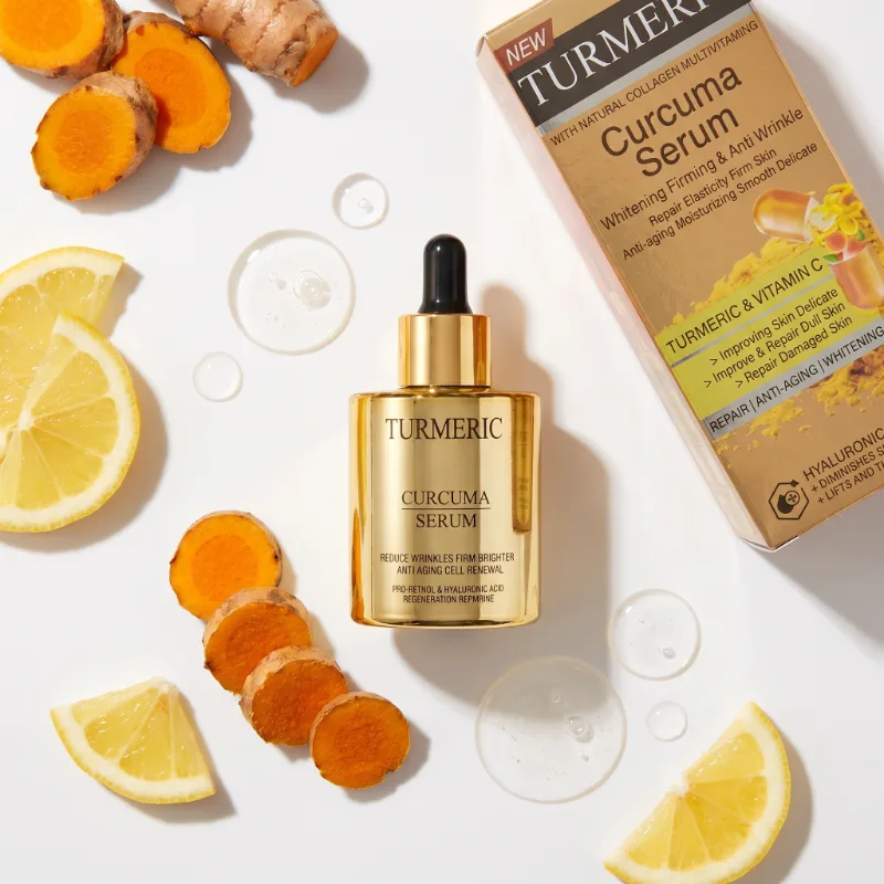 Toate Produsele Skincare - Ser Turmeric Curcuma Serum 60ml cu Vitamina C, Acid Hialuronic, Pro-Retinol si Colagen – Whitening, Antirid, Pete Pigmentare, flacon auriu cu pipeta