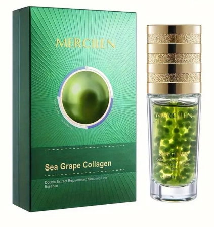 SKINCARE - Ser Mercilen Sea Grape Collagen 45ml – Extract Dublu Struguri de Mare, Colagen Tip III, flacon sticla cu capsule verzi si capac auriu premium
