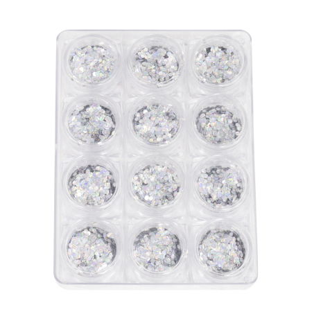 LAC UNGHII - Set 12 bucati sclipici pentru unghii, argintiu