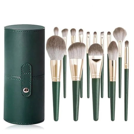 BURETEI - Set 14 pensule profesionale pentru machiaj, cu Suport pentru Depozitare, Verde