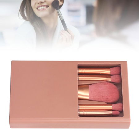 Set 5 Pensule de Machiaj cu Suport pentru Depozitare si Oglinda, Roz Inchis [1]