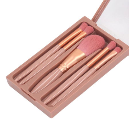 Set 5 Pensule de Machiaj cu Suport pentru Depozitare si Oglinda, Roz Inchis [2]