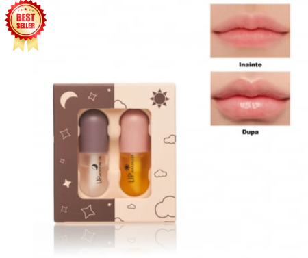 LIP GLOSS/ LUCIU DE BUZE - Set Luciu pentru marirea buzelor si hidratare intensa, Lip Plumper Kiss Beauty, Day And Night, 2 bucati x 3ml