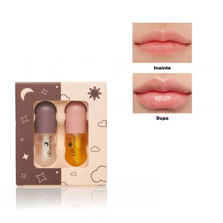 Set Luciu pentru marirea buzelor si hidratare intensa, Lip Plumper Kiss Beauty, Day And Night, 2 bucati x 3ml [1]