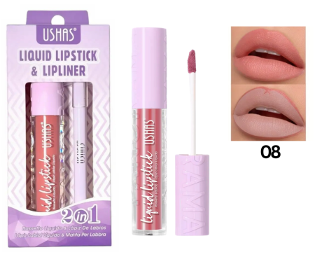 RUJURI - Set Ruj Lichid Mat si Creion pentru Buze, Rezistent, Liquid Lipstick,  Ushas 08