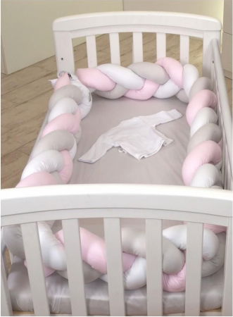 Oktató játékok - Aparatoare laterala pat Bumper impletit, Cu inchidere velcro, Bumbac Alb - Gri - Roz, 340X21 cm