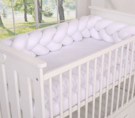 Oktató játékok - Aparatoare laterala pat Bumper impletit, Cu inchidere velcro, Bumbac, Alb, 180X21 cm