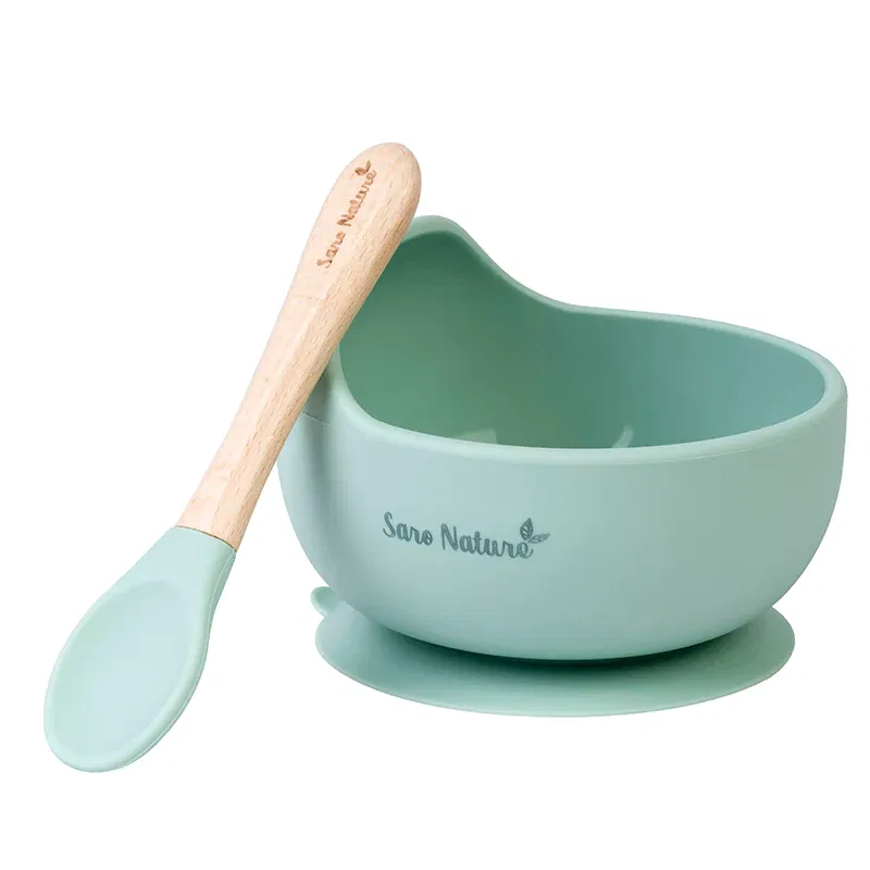 Oktató játékok - Bol anti-alunecare din silicon alimentar si lingurita, set de 2 piese pentru diversificare, Mint