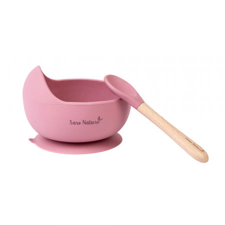 Oktató játékok - Bol anti-alunecare din silicon alimentar si lingurita, set de 2 piese pentru diversificare, Rose