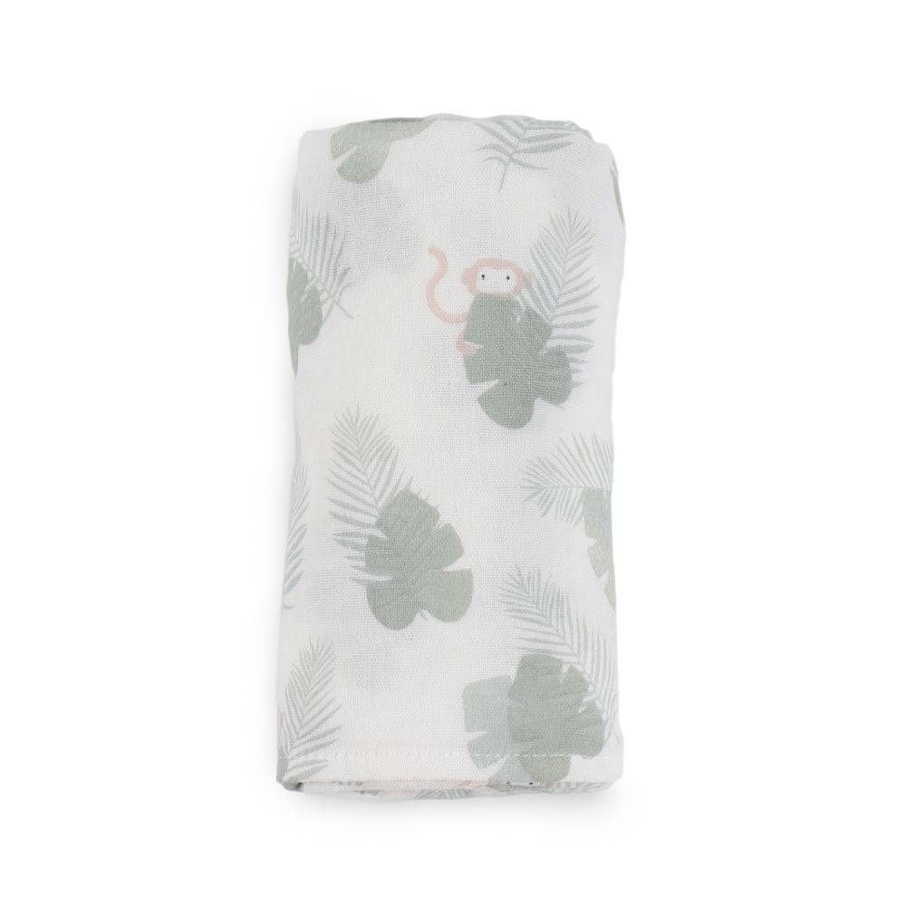 Oktató játékok - Muselina din bumbac si bambus, Scutec sau paturica multifunctionala, Monstera Monkey Hunter Mint, 120 x 120 cm