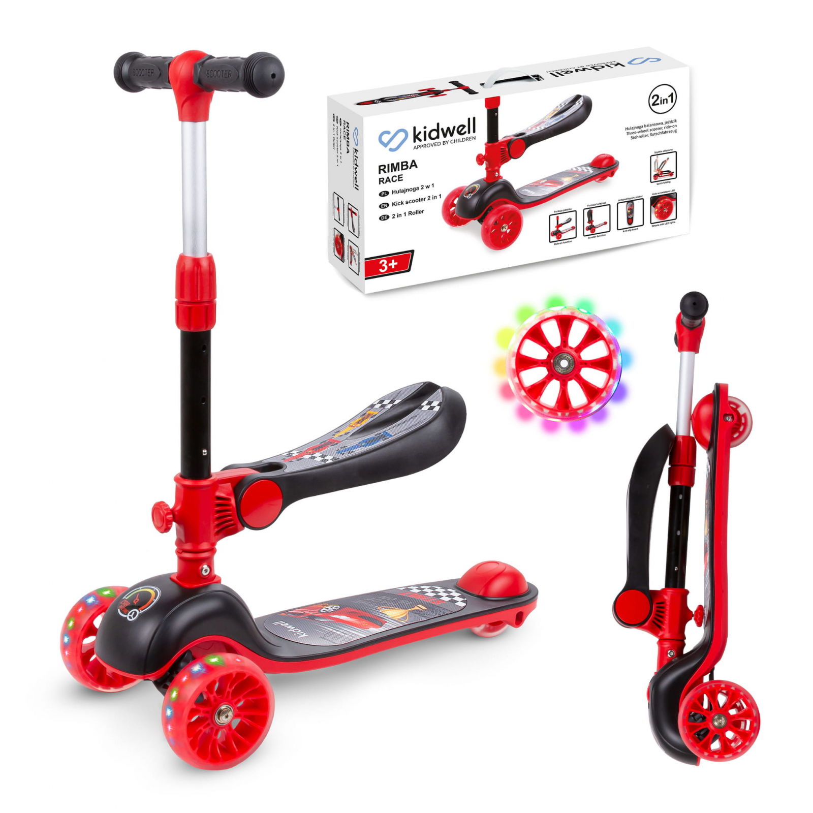 Oktató játékok - Trotineta copii cu sezut, transformabila 2in1, pliabila, cu lumini LED, Rimba Race, 1-5 ani, pana la 50 kg, Kidwell