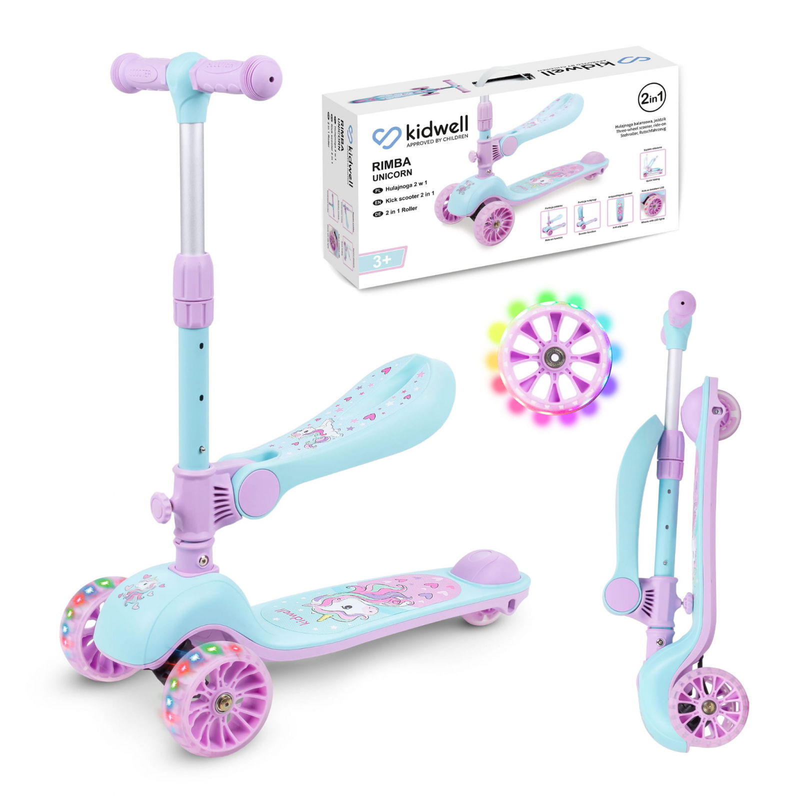 Oktató játékok - Trotineta copii cu sezut, transformabila 2in1, pliabila, cu lumini LED, Rimba Unicorn, 1-5 ani, pana la 50 kg, Kidwell