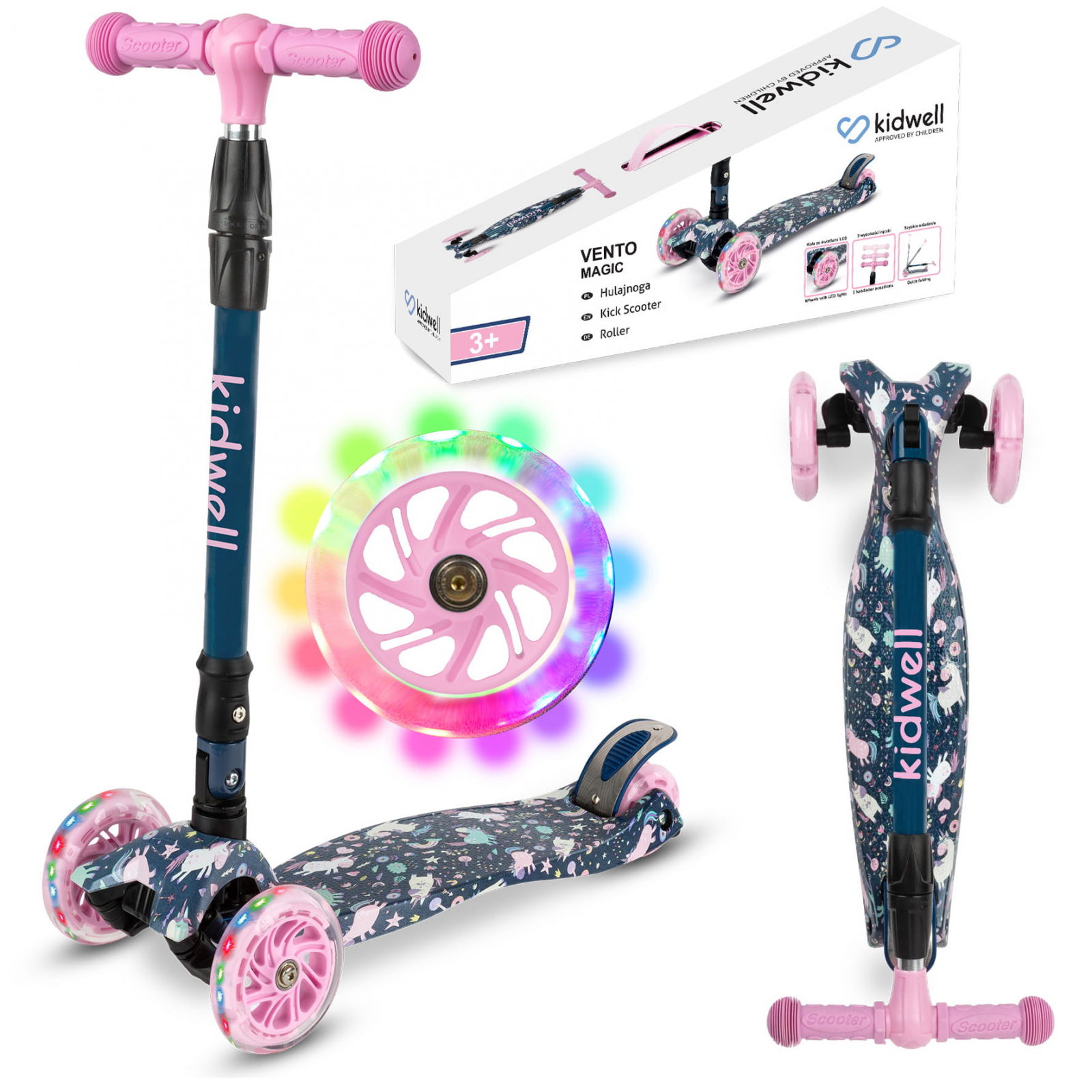 Oktató játékok - Trotineta copii pliabila, reglabila, roti luminoase, Vento Magic, 3+ ani, pana la 50 kg, Kidwell