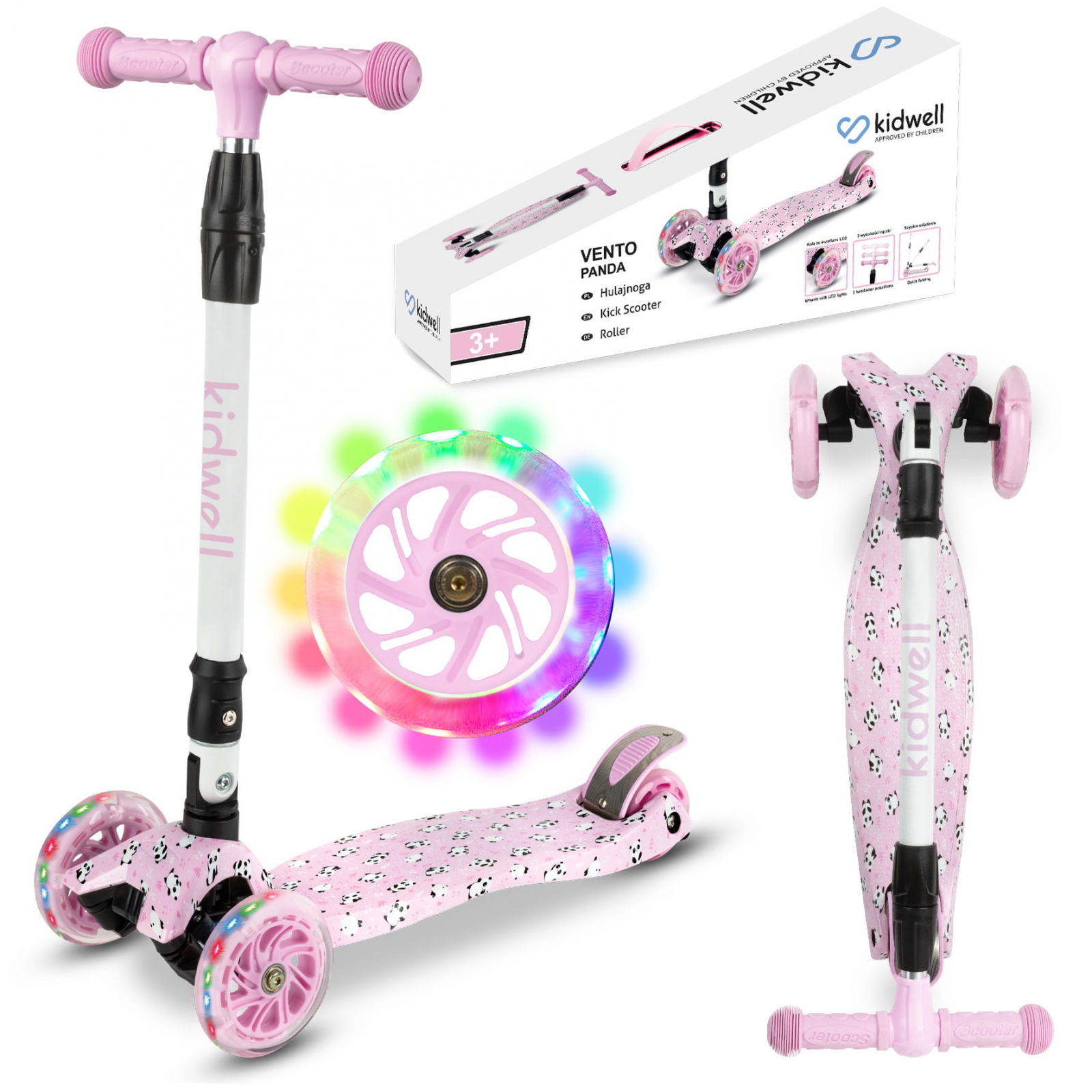 Oktató játékok - Trotineta copii pliabila, reglabila, roti luminoase, Vento Panda, 3+ ani, pana la 50 kg, Kidwell