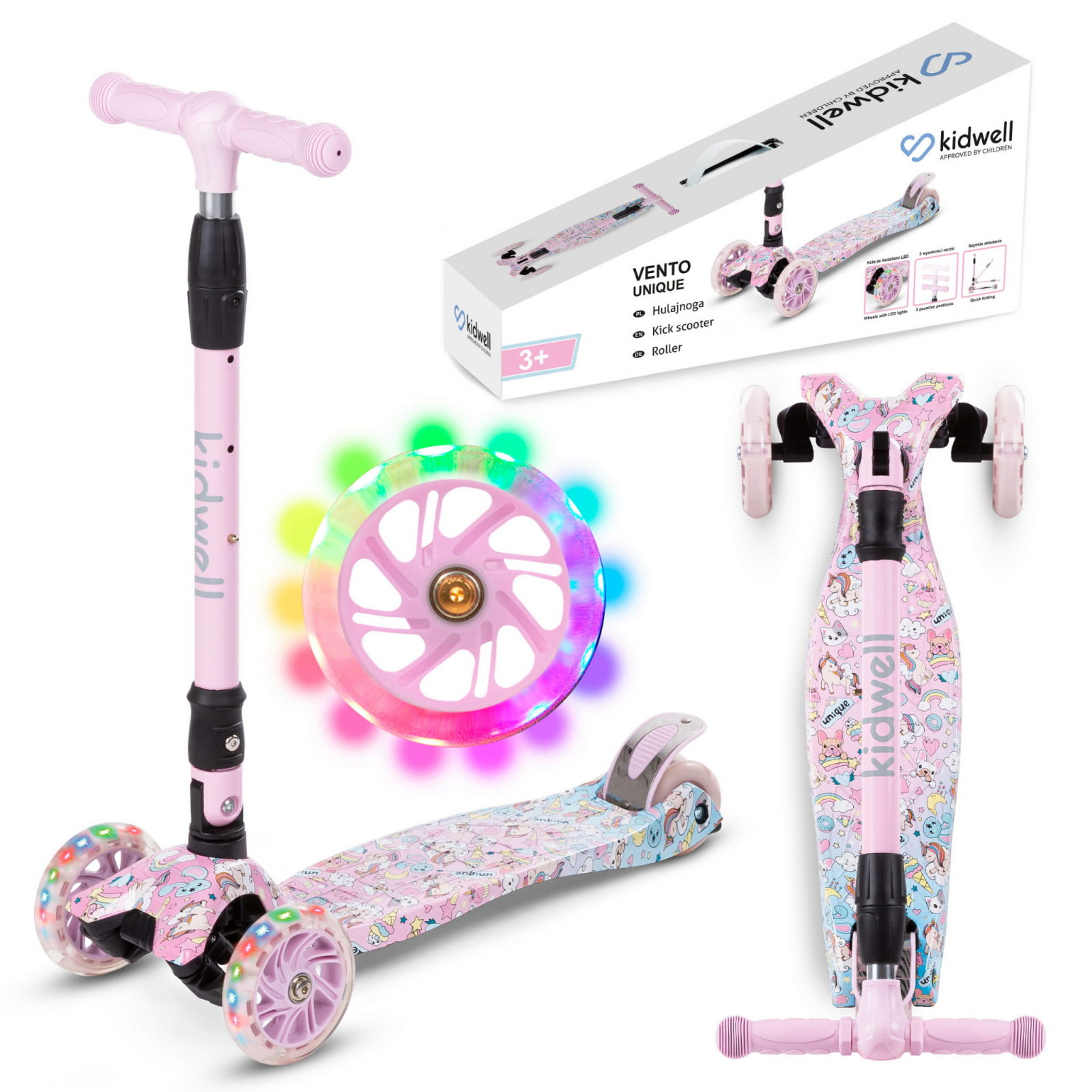Oktató játékok - Trotineta copii pliabila, reglabila, roti luminoase, Vento Unique, 3+ ani, pana la 50 kg, Kidwell