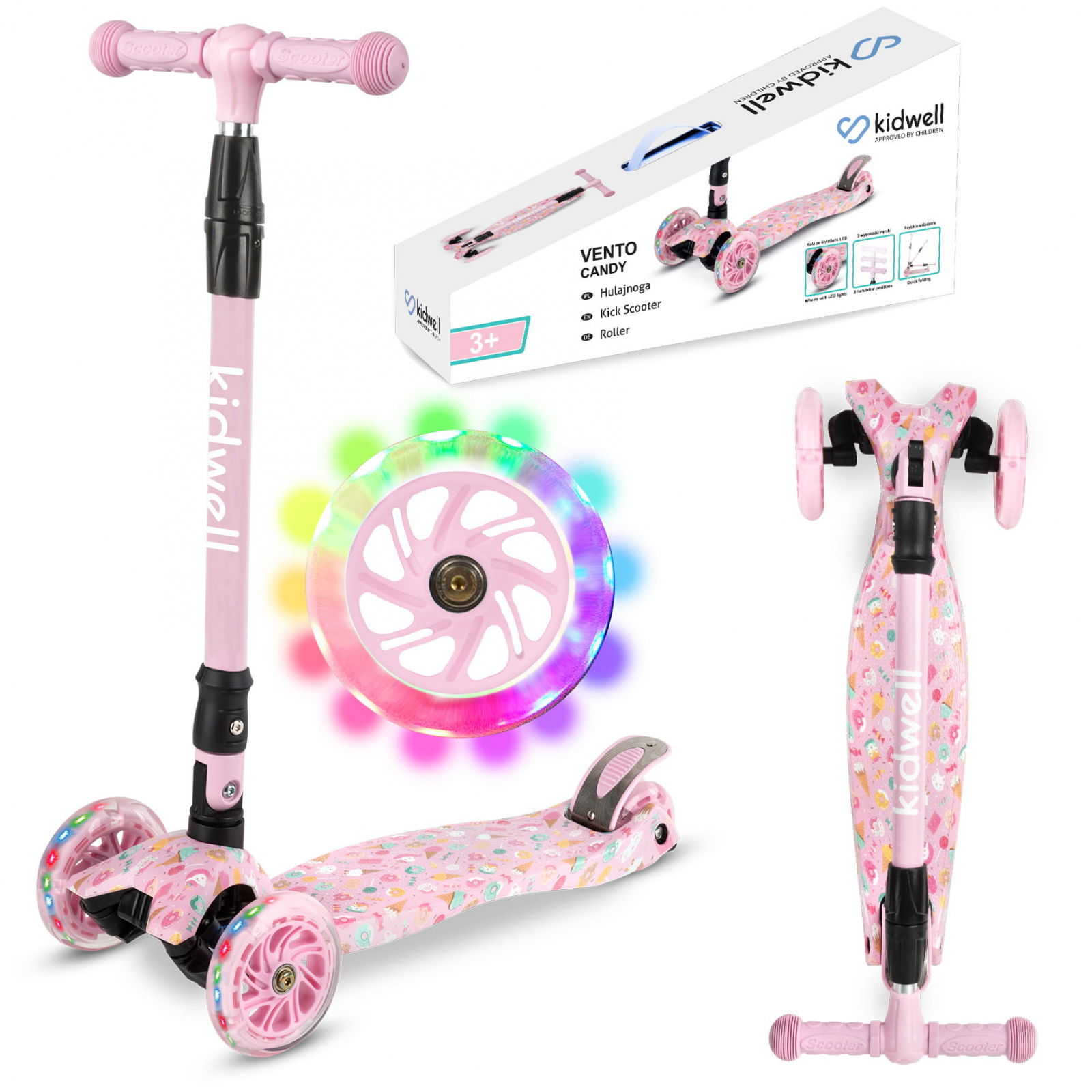 Oktató játékok - Trotineta copii pliabila, reglabila, roti luminoase, Vento Candy, 3+ ani, pana la 50 kg, Kidwell