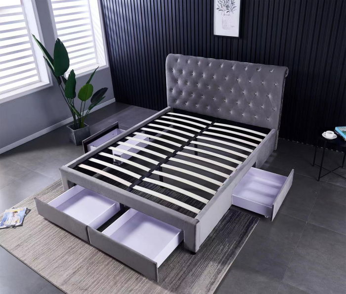 Pat 180x200 cm Sunday Gri cu 4 sertare Tapitat Catifea Somiera Inclusa [6]