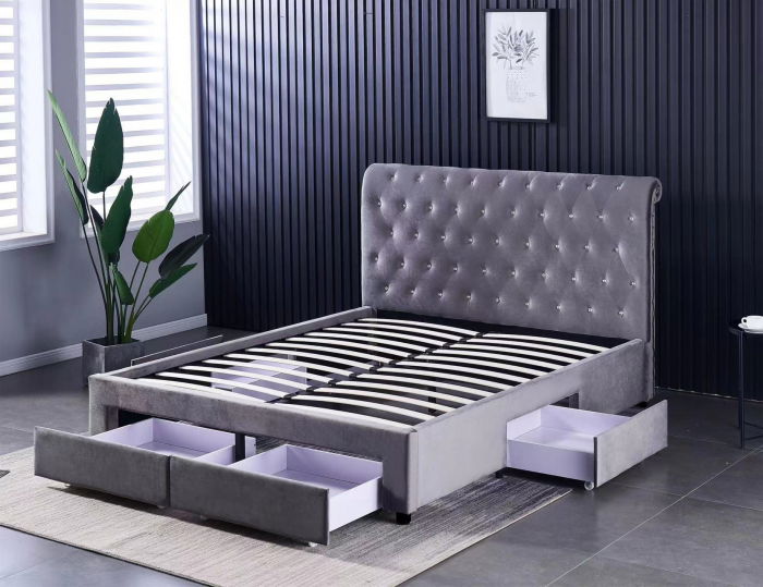 Pat 180x200 cm Sunday Gri cu 4 sertare Tapitat Catifea Somiera Inclusa [5]