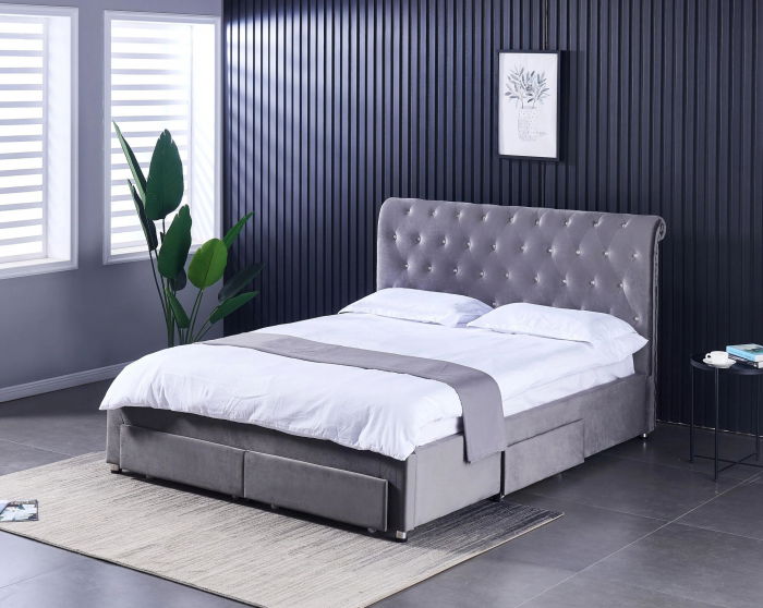 Pat 180x200 cm Sunday Gri cu 4 sertare Tapitat Catifea Somiera Inclusa [2]