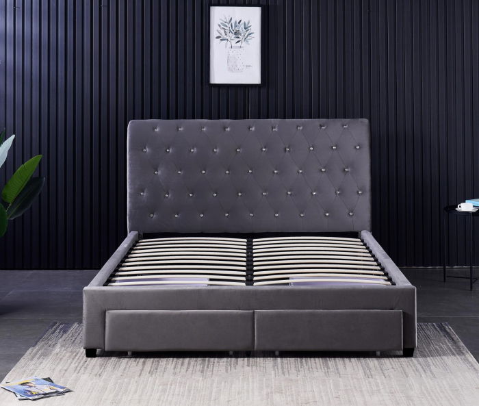 Pat 180x200 cm Sunday Gri cu 4 sertare Tapitat Catifea Somiera Inclusa [3]