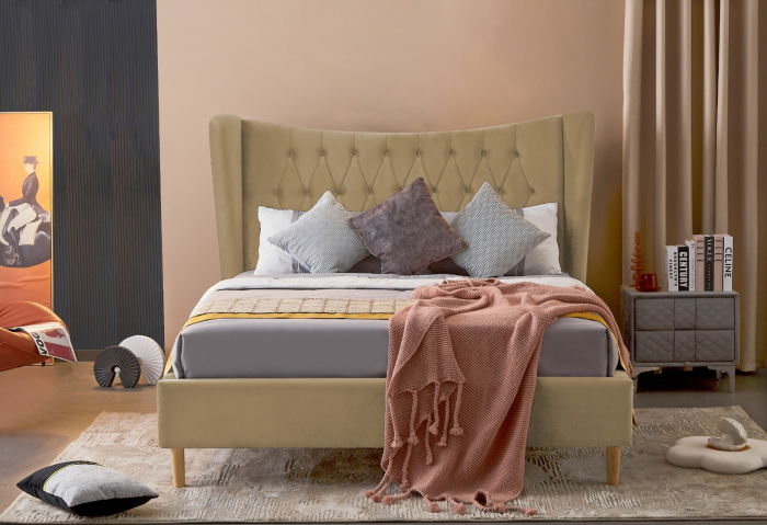 Pat Lora 160x200 cm Tapitat Catifea Bej Somiera Inclusa [2]