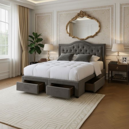 Produse - Pat Terasino cu 4 sertare 180x200 cm Tapitat Catifea Gri